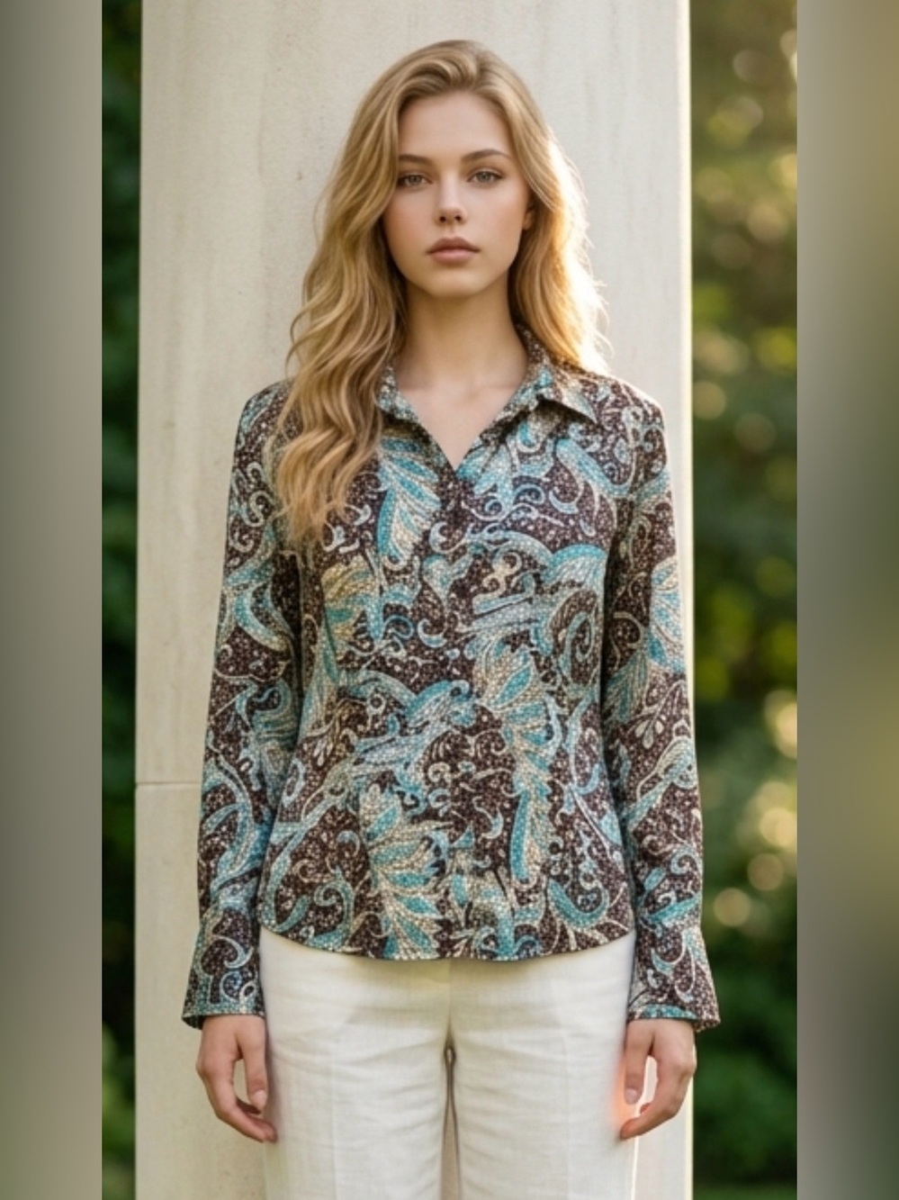 Paisley Button-Front Long-Sleeve Top in Teal and Brown Stretch
